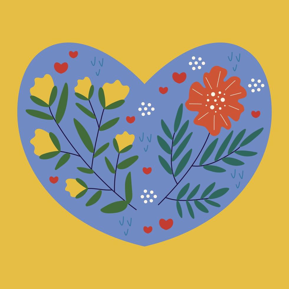 Happy Valentine's Day Card, Einladungen, Liebeserklärung. quadratische Vorlage mit Blumen auf einem blauen Herzen, auf gelbem Hintergrund. Vektor-Illustration. vektor