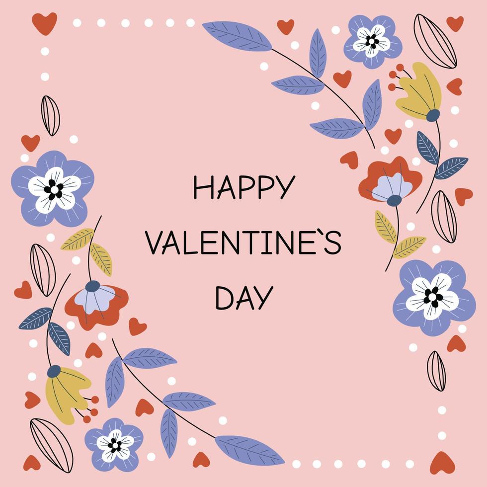 glücklicher valentinstag, 14. februar grußkarte. quadratische Vorlage mit Blumen und Text. Vektor-Illustration auf einem rosa Hintergrund. vektor