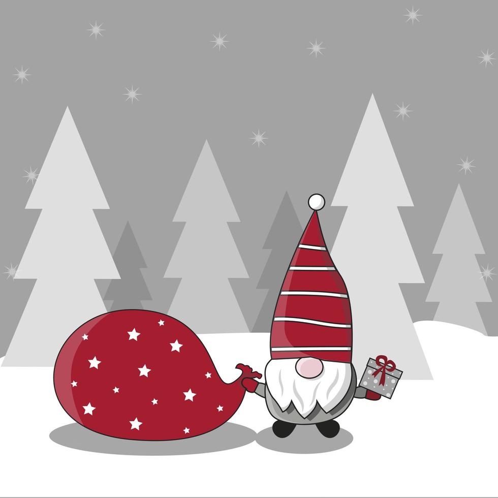 Neujahr. Weihnachten. weihnachtsmann-elf, der ein neujahrsgeschenk und eine tasche voller geschenke im wald hält vektor