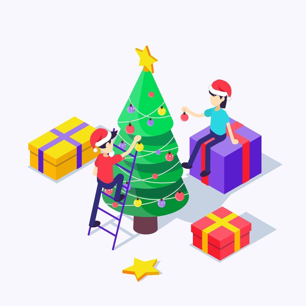 Weihnachten. Neujahr. isometrisch. menschen mit weihnachtsmützen schmücken den weihnachtsbaum, geschenke in der nähe vektor