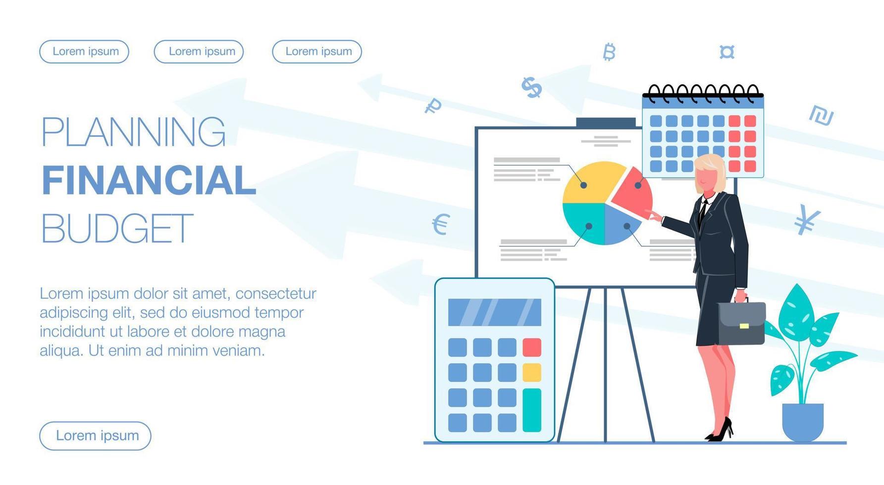 Eine Geschäftsfrau studiert ein Diagramm an der Tafel. sie plant ein Finanzbudget. daneben ein Kalender und ein Taschenrechner. flache vektorillustration. vektor