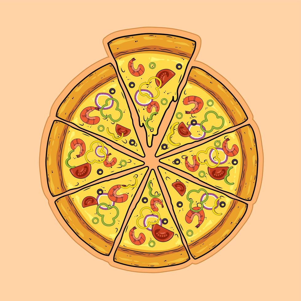 skivad pizza med skaldjur, räka, tomater, paprika, lök, oliver och ost. platt vektor illustration.