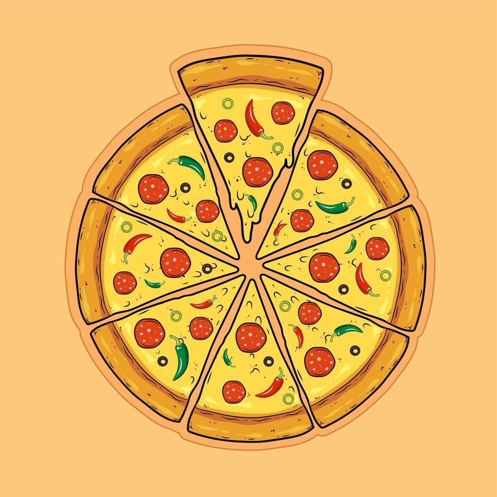 geschnittene pizza mit oliven, paprika, wurst, salami und käse. flache vektorillustration. vektor