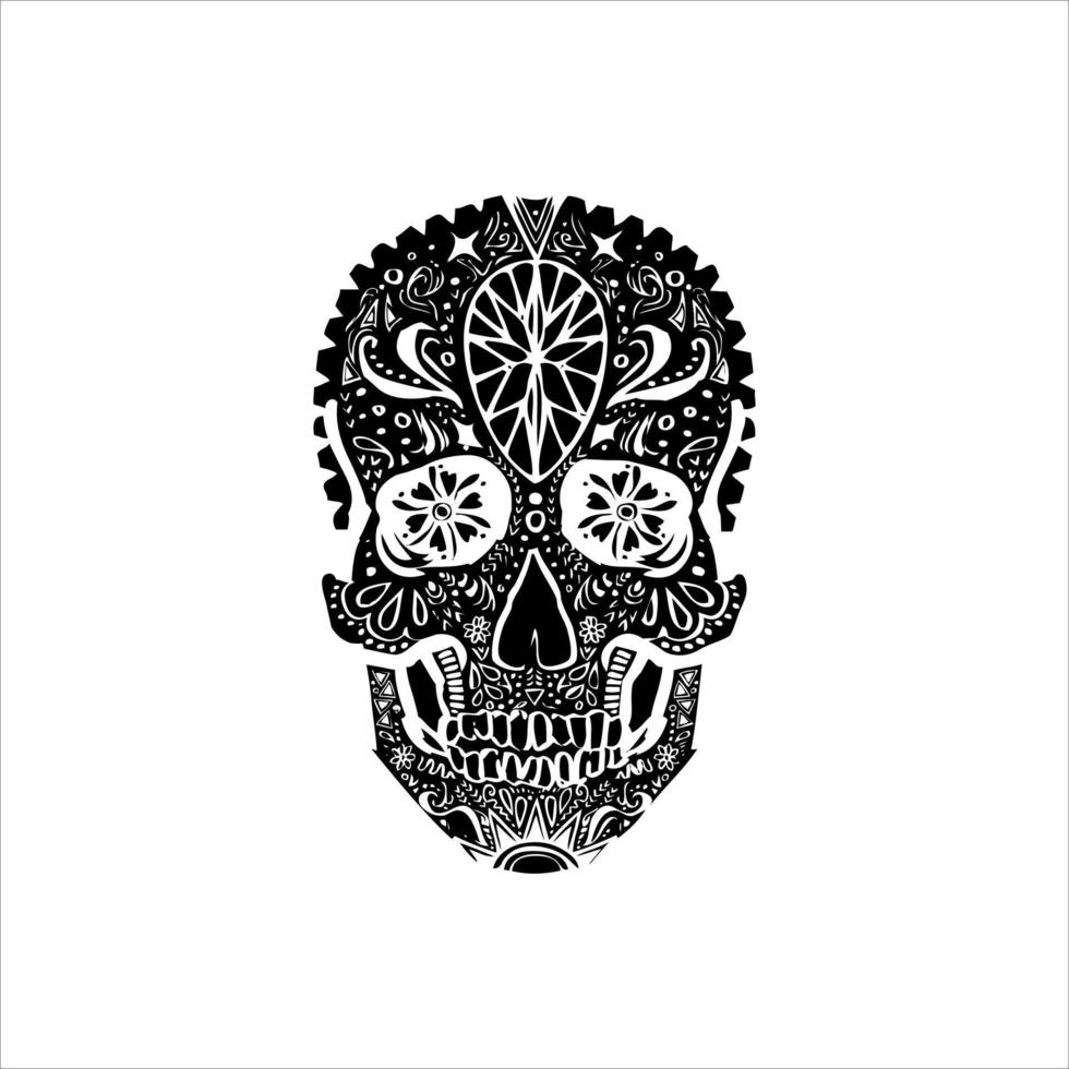mexikanischer schädelvektor mit muster. Oldschool-Tattoo-Stil Schädel-Tattoo-Design-Skizze. Schwarz-Weiß-Darstellung. mexikanische schädelillustration vektor