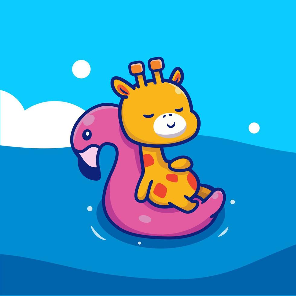 niedliche giraffe, die mit schwimmender flamingo-cartoon-vektorsymbolillustration schwimmt. Tier-Icon-Konzept isolierter Premium-Vektor. flacher Cartoon-Stil vektor