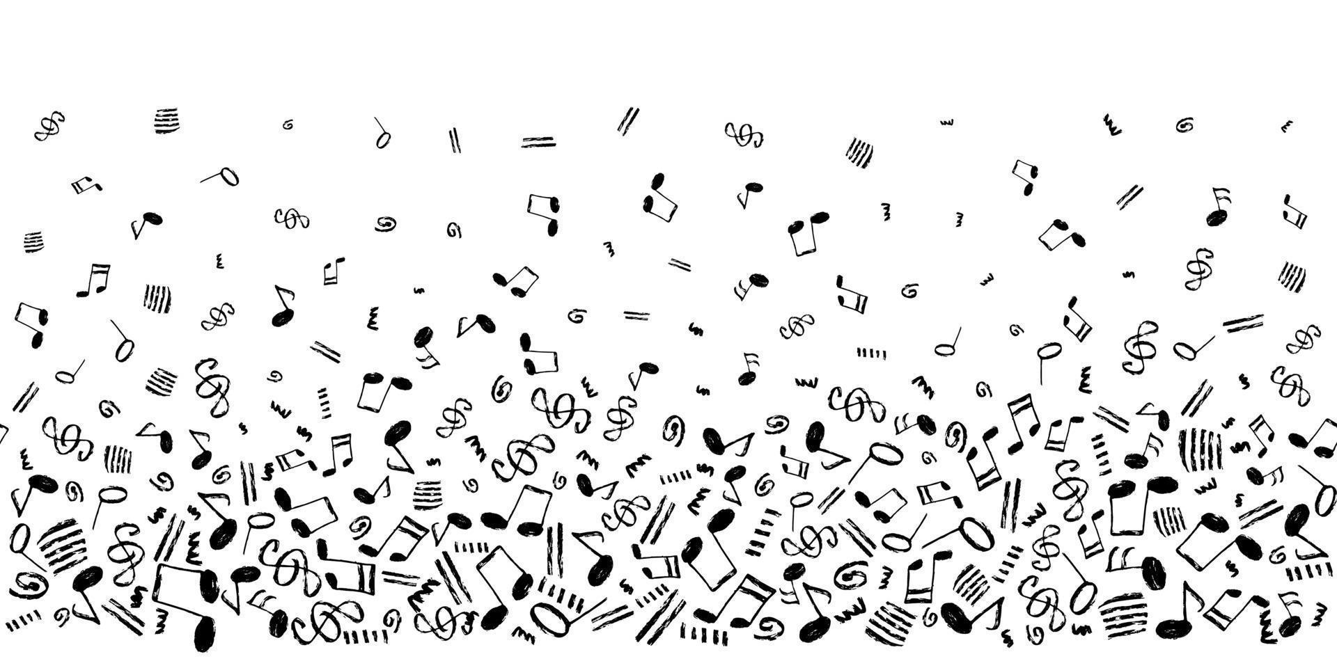 musikalisk anteckningar vektor sömlös bakgrund. horisontell mall med ett Färg svart ritad för hand musikalisk element gräns mönster.