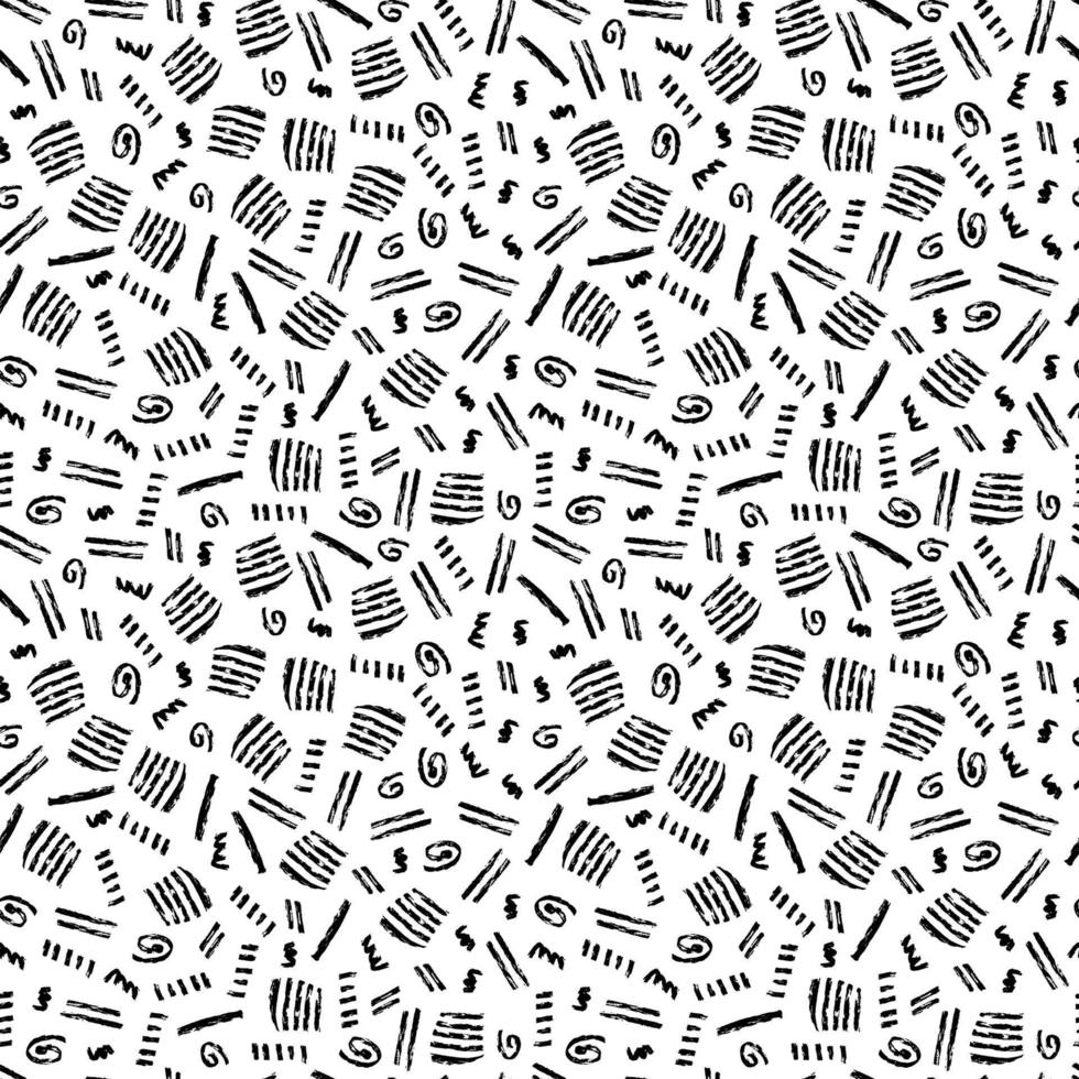 Vektornahtloses Muster mit verschiedenen einfachen handgezeichneten geometrischen Formen auf weißem Hintergrund. abstrakte monochrome nahtlose Muster können für Textilien, Tapeten, Packpapier, Web verwendet werden. vektor
