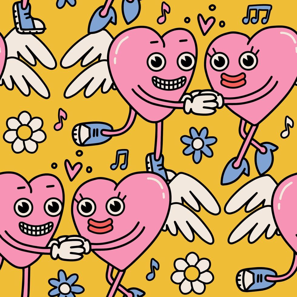 sömlös mönster med rosa hjärtan madcots med vingar. valentine s dag upprepa bakgrund. konstig häftig vektor ilustration i retro hippie stil. tecken i kärlek innehav händer.