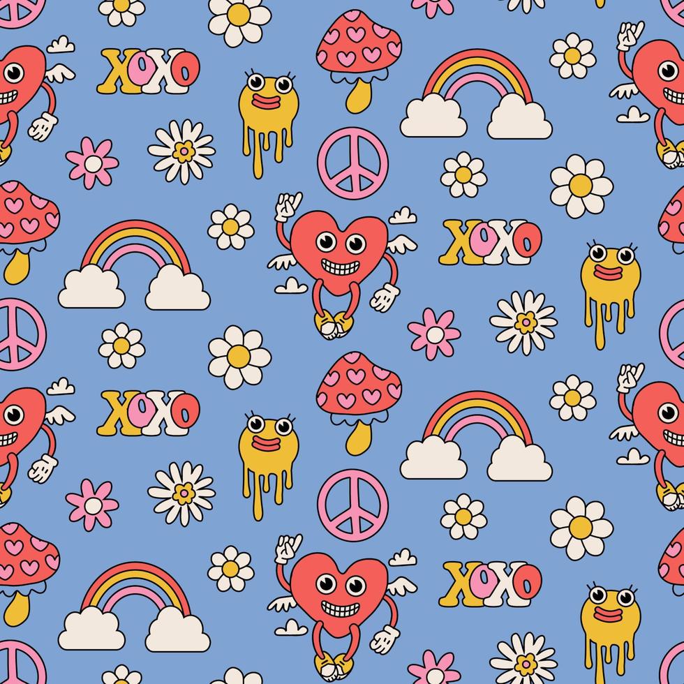 groovige Retro-Valentinstag-Liebe und Herz-Maskottchen nahtloses Muster, digitales Papier, das Hintergrund wiederholt. Hippie-Liebespapier für Stoff, Verpackung, Briefpapierdesign. vektorlineare Abbildung. vektor