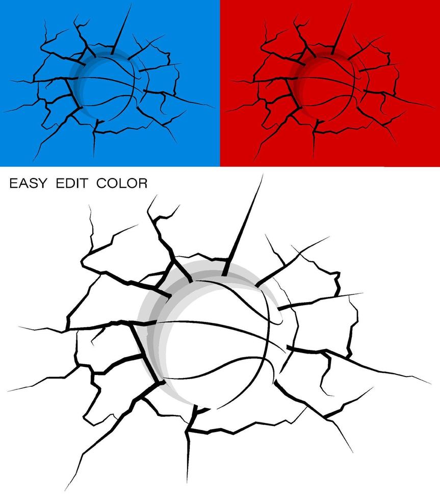 ball für basketball schlug wand stark und beschädigt, risse an der wand. Sport-Design-Element. aktiver Lebensstil. Vektor auf weißem oder farbigem Hintergrund mit Rissen