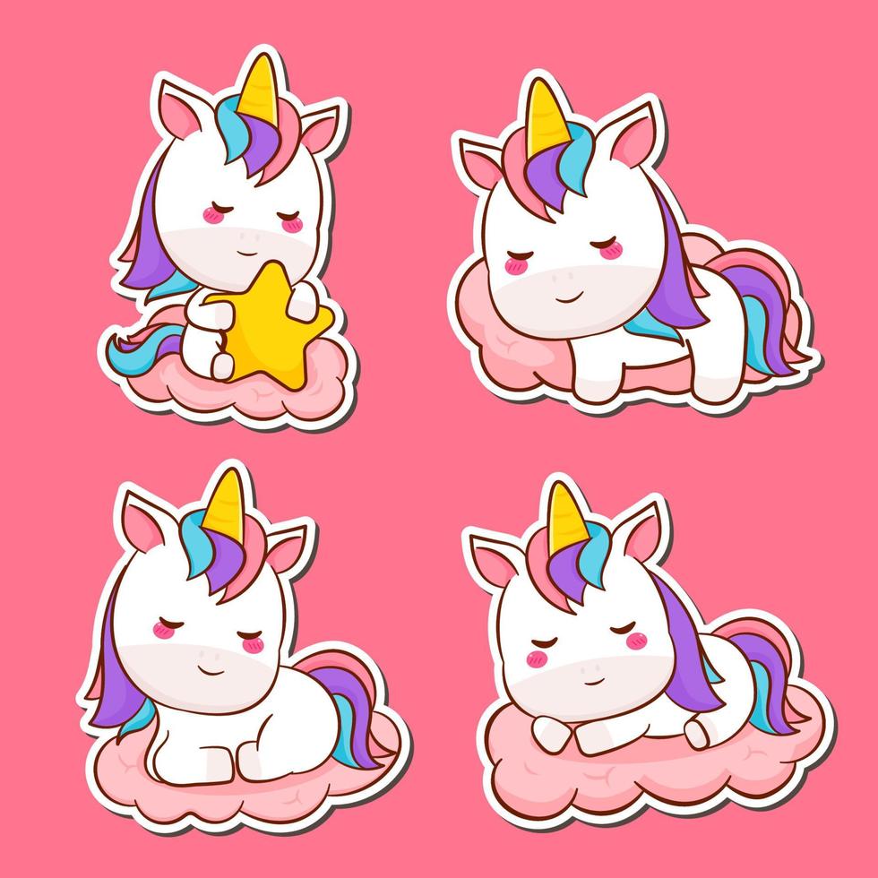 Stellen Sie niedlichen Einhornaufkleber ein. süße kawaii einhorn zeichentrickfigurensammlung. flacher Cartoon-Stil. tierisches Konzeptdesign. Vektorgrafik. vektor