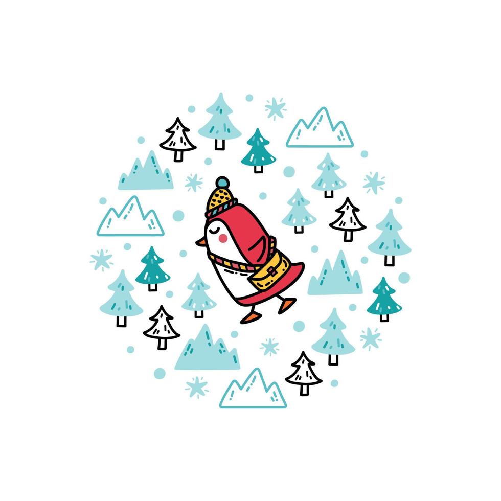 Süßer Baby-Pinguin, der in einem verschneiten Wald läuft. lustige winterillustration vektor