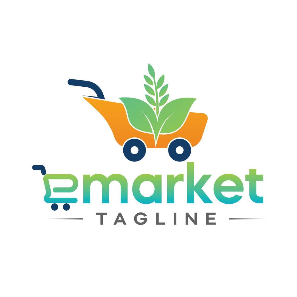 E-Market-Logo-Einkaufswagen mit Blättern vektor