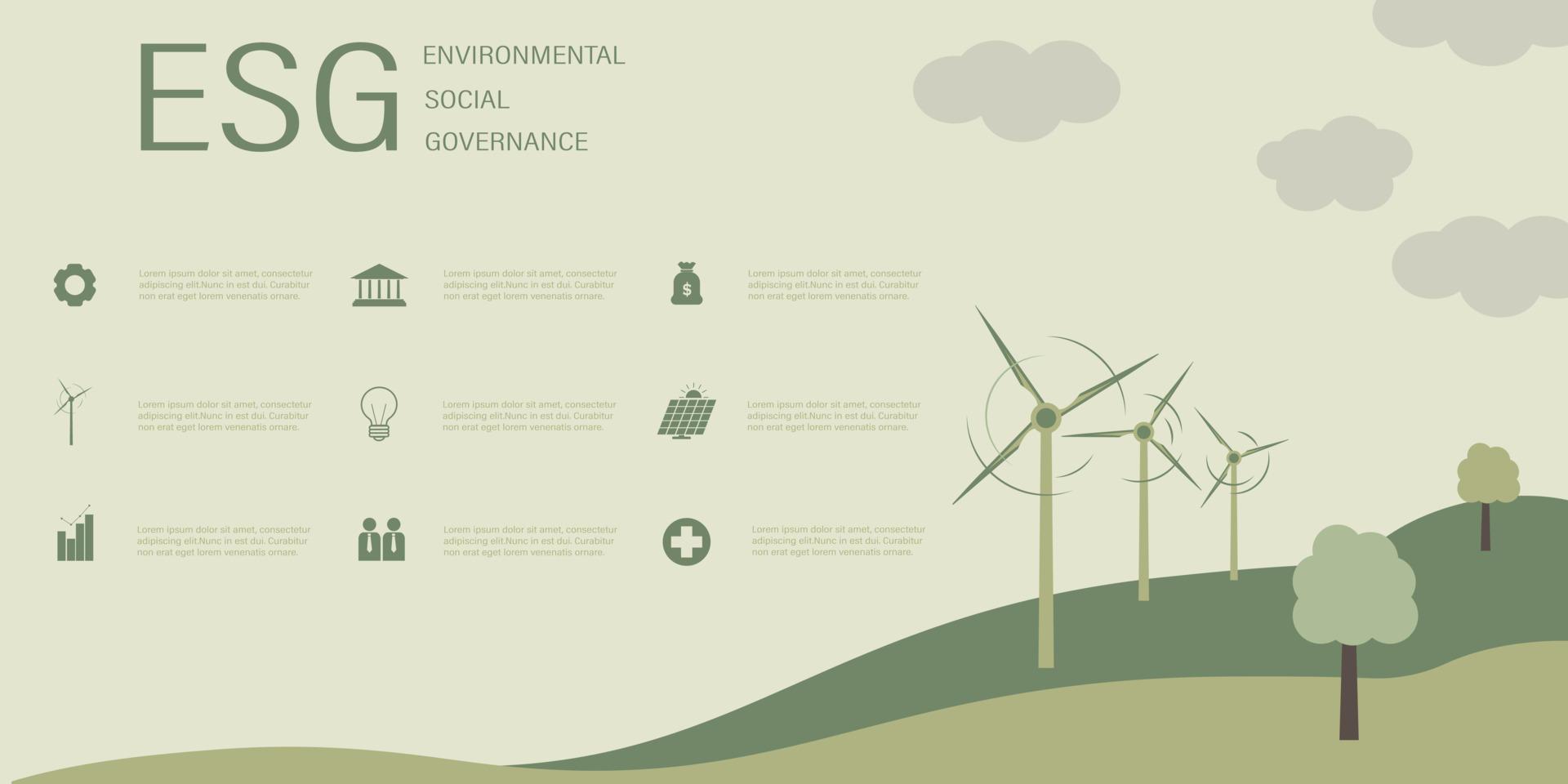 ESG-Konzept. Informationsbanner ruft zum Gedenken an den Beitrag dieses Unternehmens zu ökologischen und sozialen Themen auf. Vektor-Illustration vektor