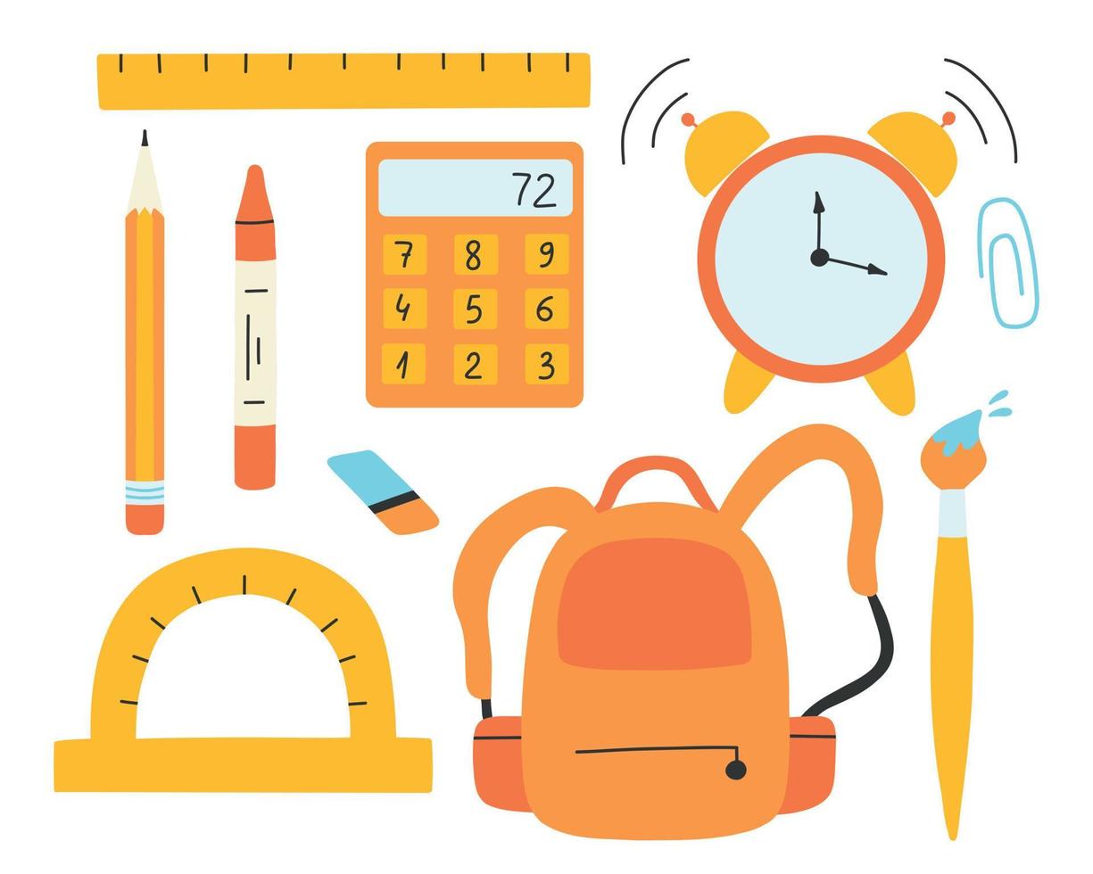 uppsättning av skola element. tillbaka till skola. slutet av skola samling. vektor illustration. platt hand dragen stil. ryggsäck, kalkylator, larm klocka, penna, linjal, gradskiva, borsta.