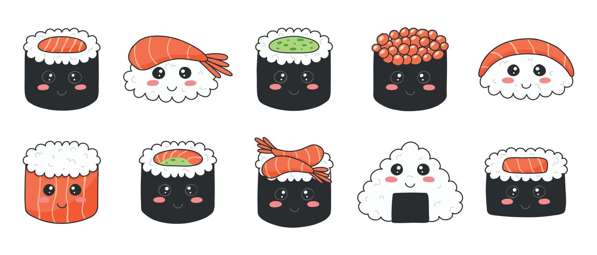 sushi uppsättning i söt stil. söt japansk sushi med en leende. vektor illustration. tecknad serie stil. sushi restaurang logotyp. samling rolig sushi karaktär.