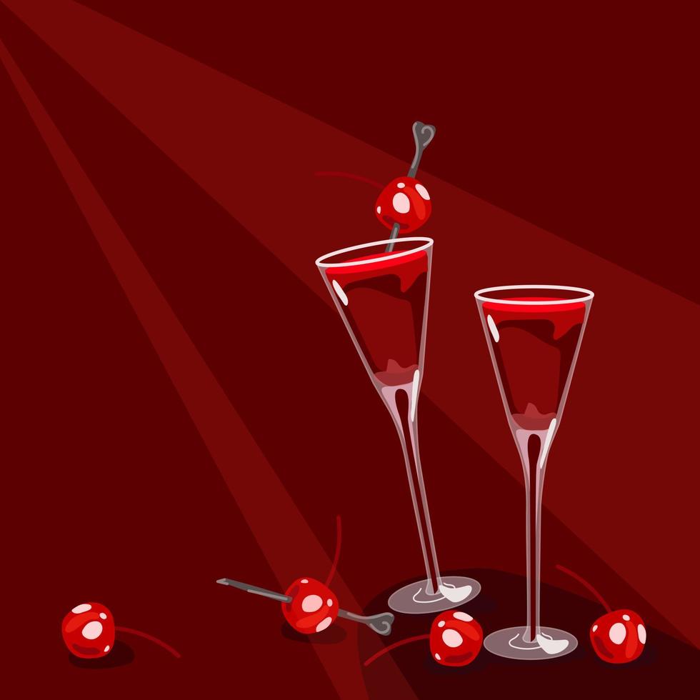 ein paar cocktails mit kirschtinktur zum valentinstag. Glasgläser mit Kirschen am Spieß. eine Illustration für eine Party auf einem abstrakten Hintergrund. Vektor-Illustration. geeignet für Banner vektor