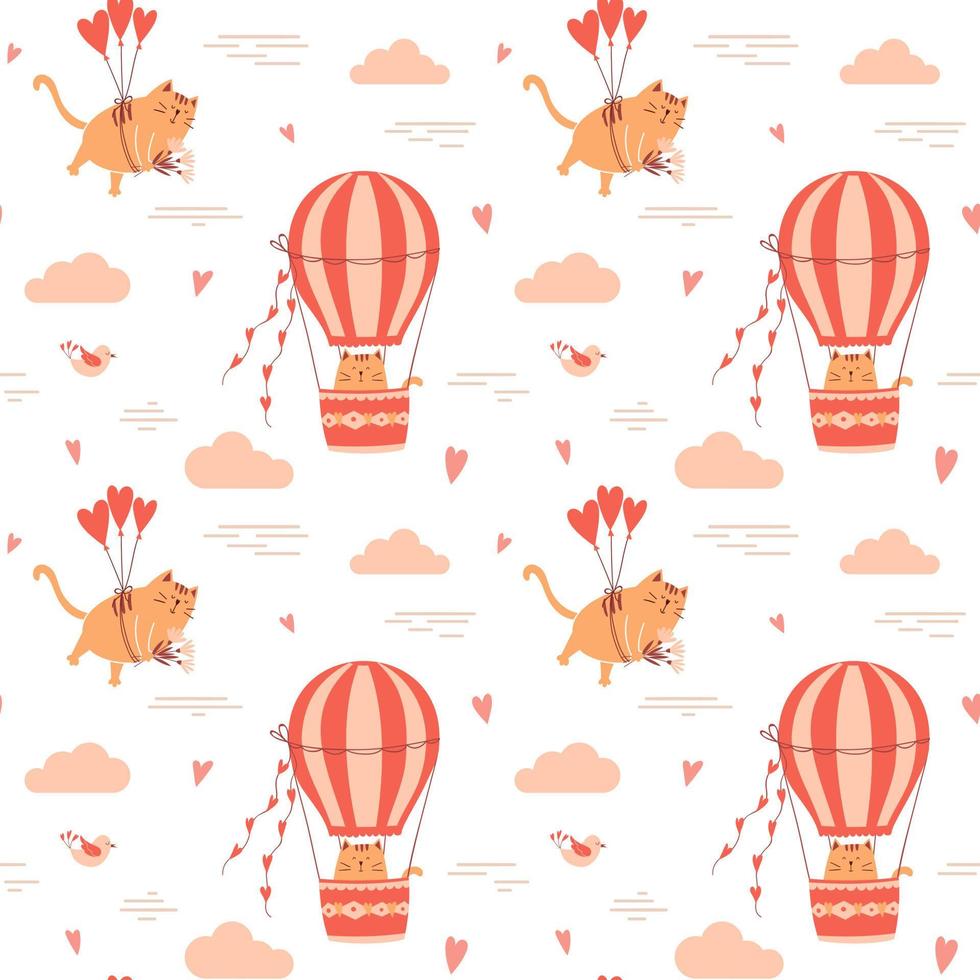 Nahtloses Muster mit süßen Katzen, die auf Ballons und in einem Heißluftballon fliegen. perfekt für design zum valentinstag, geburtstagsverpackung. Vektorgrafiken auf weißem Hintergrund. vektor