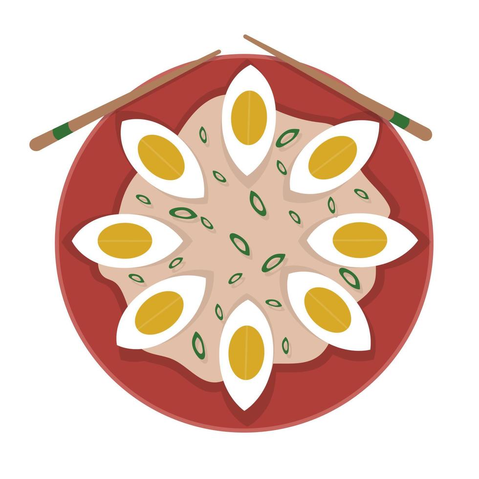 eier mit zwiebeln und sauce auf einem teller und stäbchen für sushi. Illustration zum Thema asiatische Küche. vektor