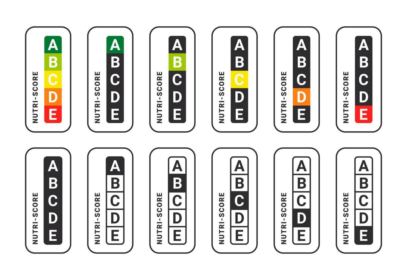 Nutri-Score-Symbole. Zeichen des Lebensmittelbewertungssystems. Ernährungsindikator für das Gesundheitswesen. Nutri-Score-Aufkleber. Vektor-Illustration vektor