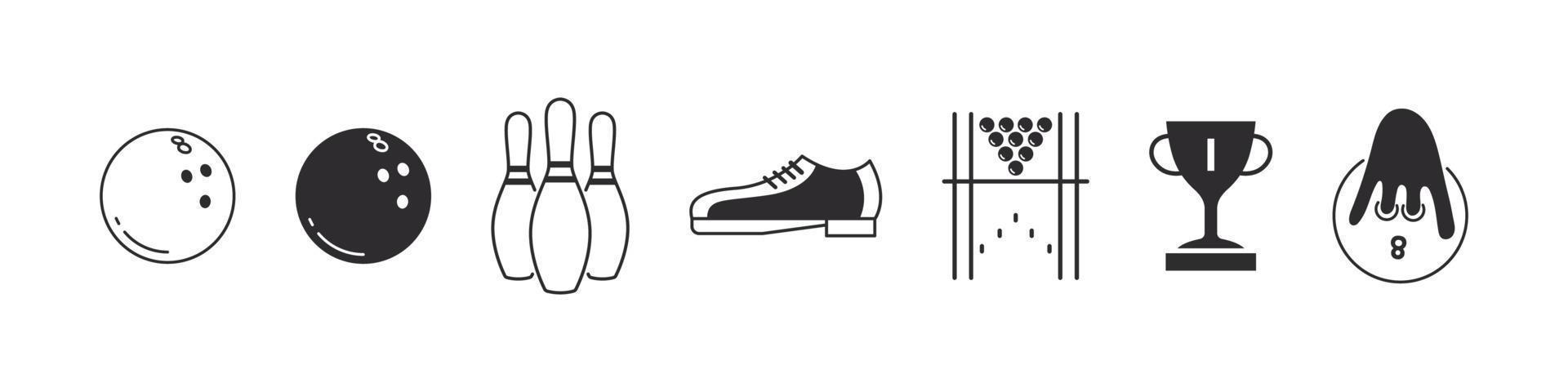 Bowling-Symbole. Bowlingkugeln und Kegel. Bowling-Elemente für Design. Vektorsymbole vektor