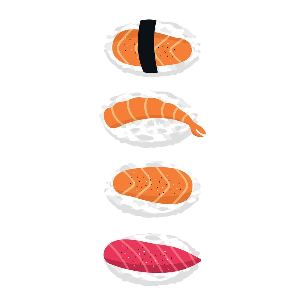 Reihe von Sushi-Symbolen von Fischen auf weißem Hintergrund. das konzept des essens in einem japanischen restaurant. Design für Banner, Menüs, Websites. Vektor