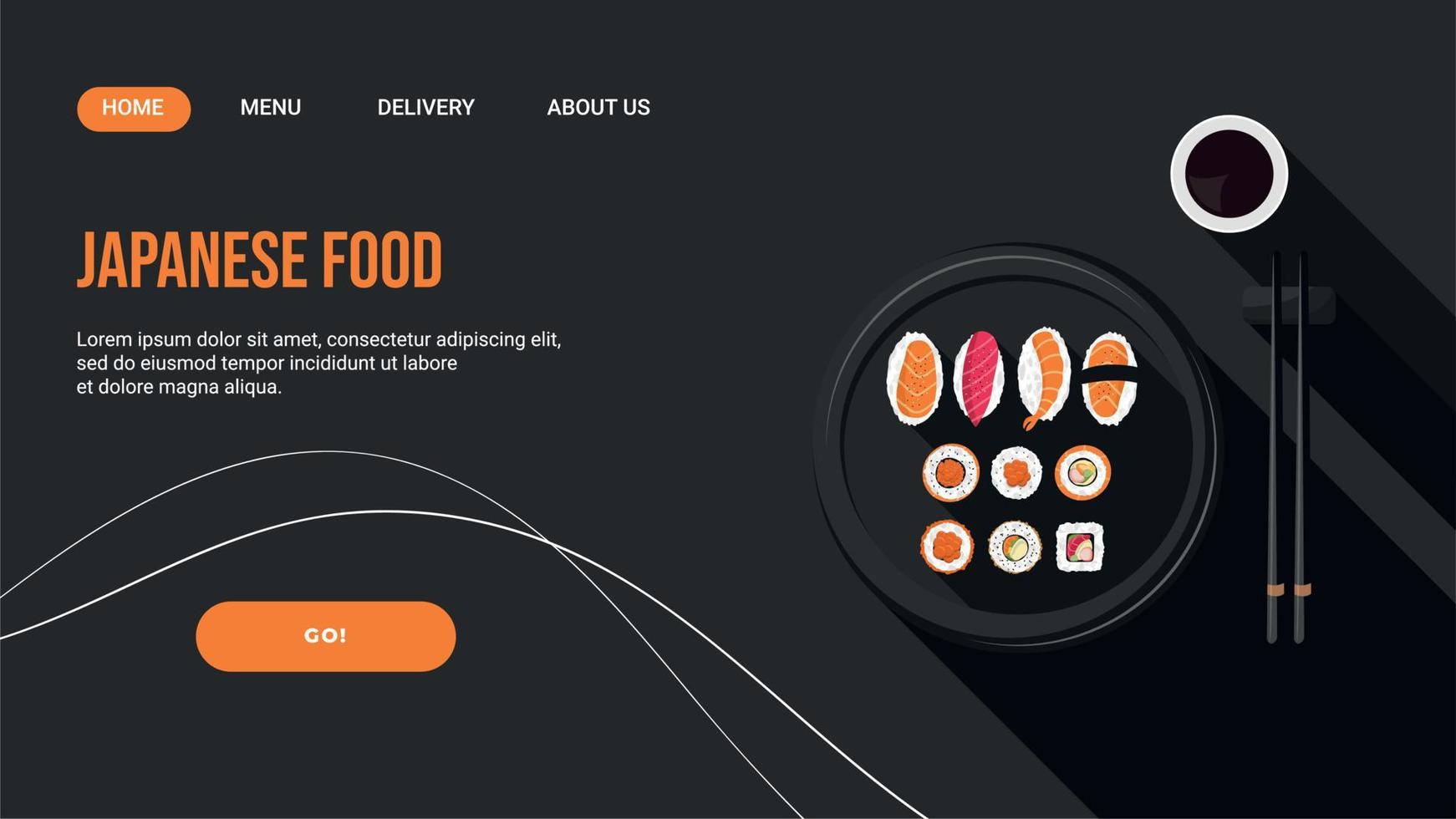 webb sida, landning sida för kampanjer, försäljning, för en japansk restaurang med rullar, pinnar och soja sås på en svart bakgrund. vektor