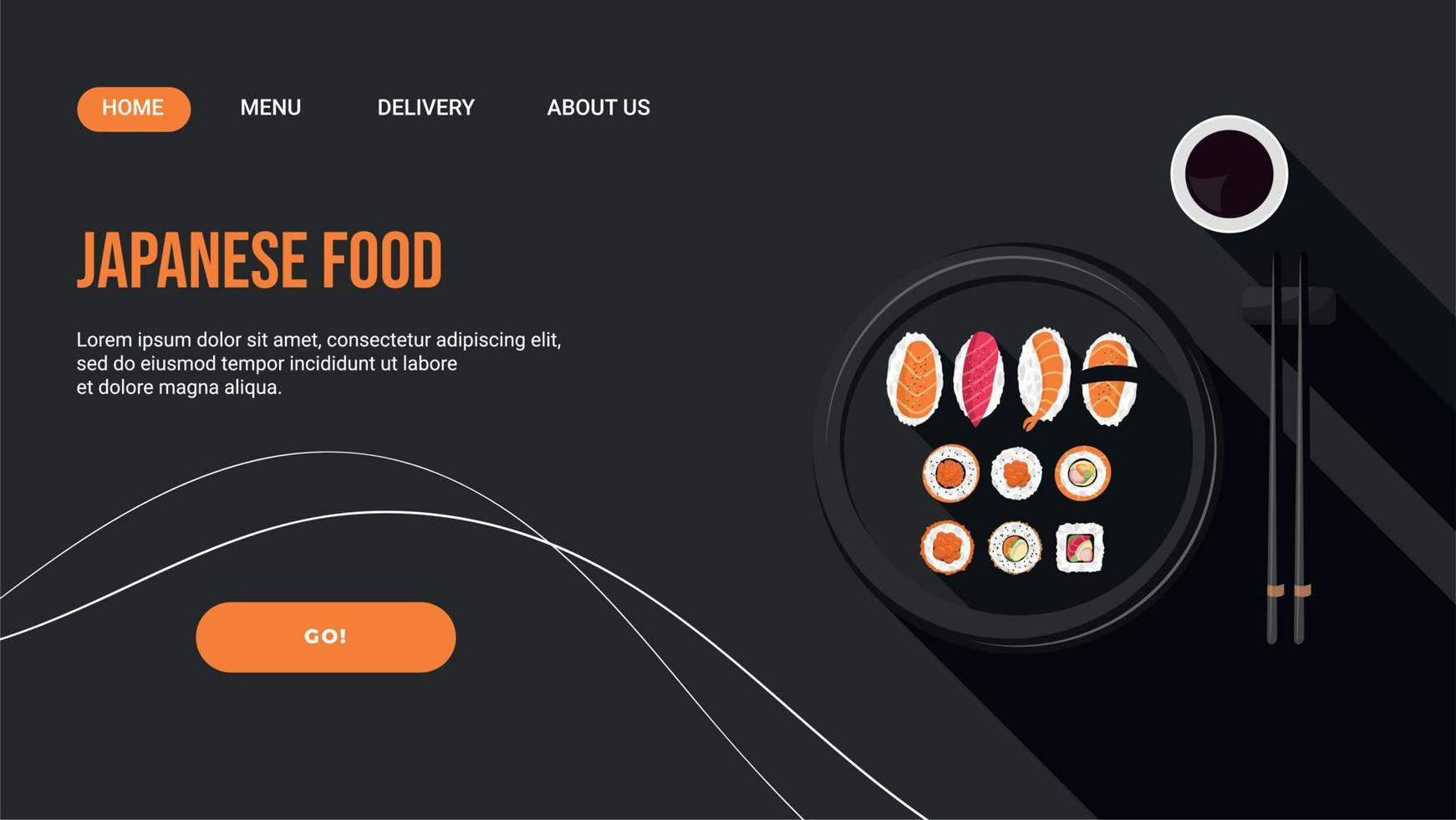 Webseite, Zielseite für Werbeaktionen, Verkäufe, für ein japanisches Restaurant mit Brötchen, Stöcken und Sojasauce auf schwarzem Hintergrund. Vektor