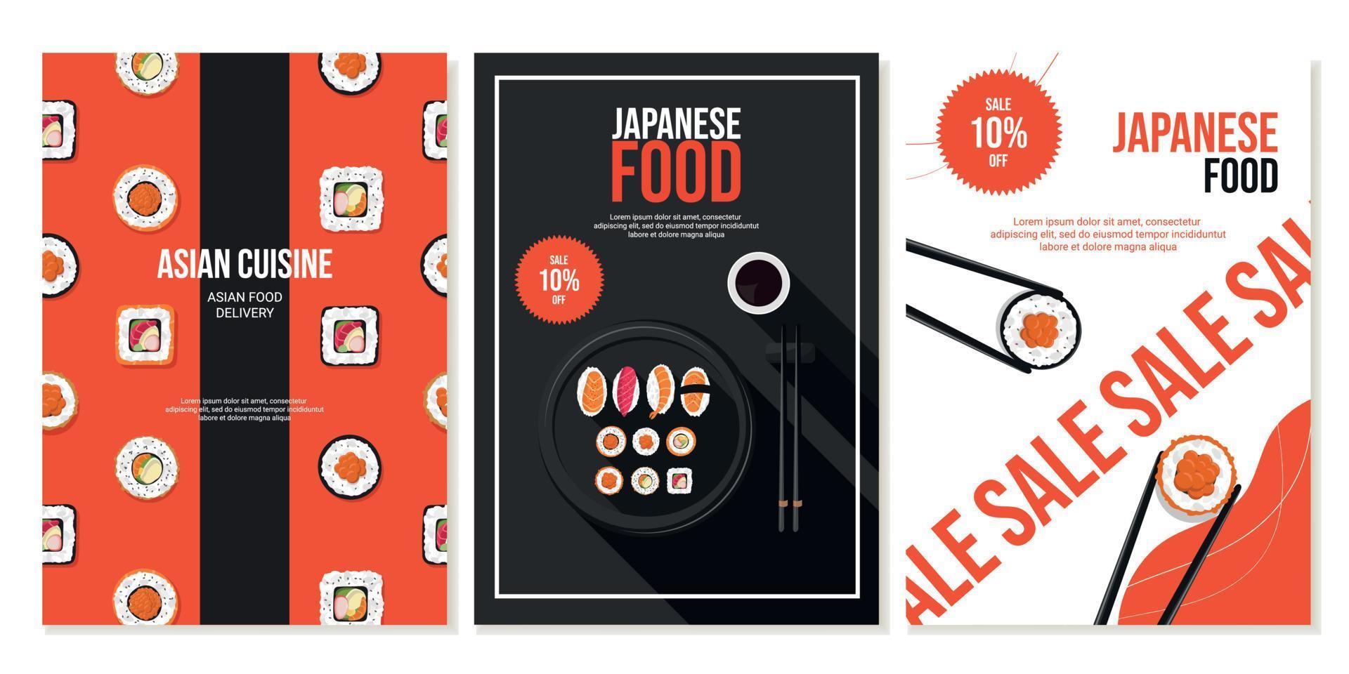 uppsättning av flygblad för social nät med japansk mat, rullar, Ramen soppa. meny, asiatisk mat, restaurang reklam. baner, kampanj, försäljning. vektor