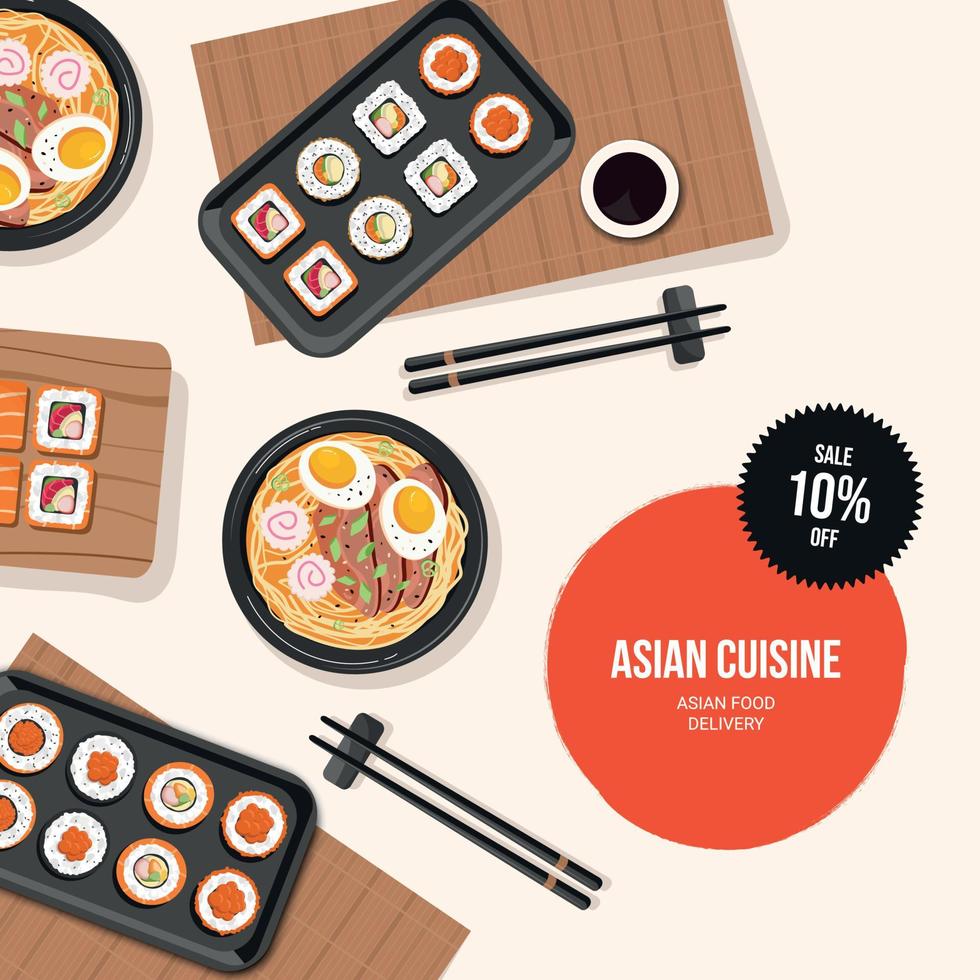 Vorlage für japanische Restaurantwerbung in sozialen Netzwerken mit Brötchen, Ramensuppe und Sushi. Vektor