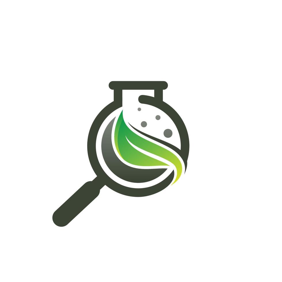 grön laboratorium logotyp med förstorande glas och rör vektor