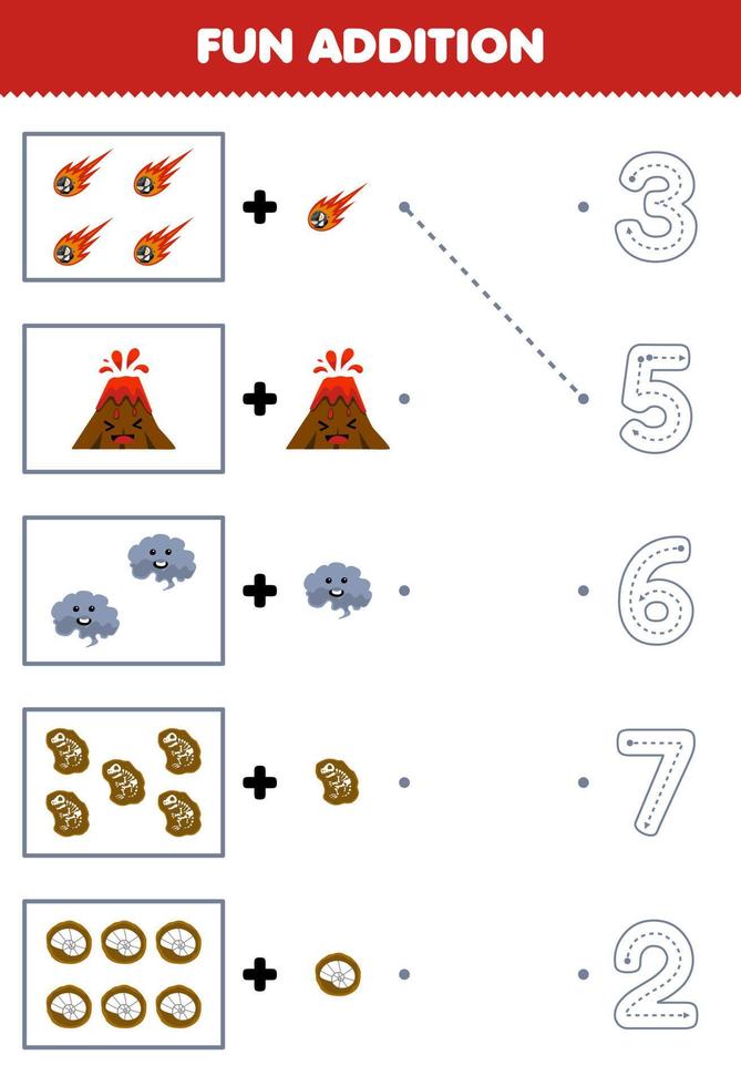 utbildning spel för barn roligt räkning och Lägg till ett Mer tecknad serie meteor berg rök fossil sedan välja de korrekt siffra natur kalkylblad vektor