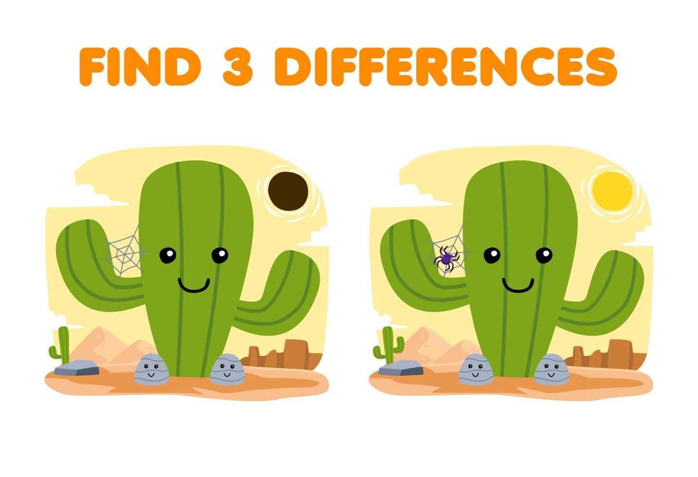 Lernspiel für Kinder Finden Sie drei Unterschiede zwischen zwei niedlichen Cartoon-Kakteen im druckbaren Naturarbeitsblatt der Wüste vektor