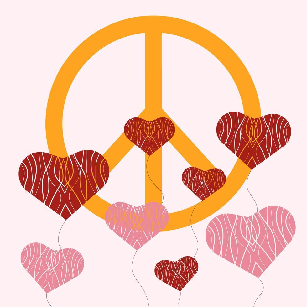 Symbol, Aufkleber im Hippie-Stil mit orangefarbenem Friedenszeichen und rosa und roten Herzen auf beigem Hintergrund. Retro-Stil vektor
