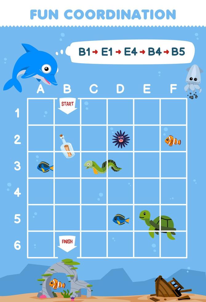 utbildning spel för barn dra de sätt enligt till de koordinater till hjälp delfin flytta till de korall sten tryckbar under vattnet kalkylblad vektor
