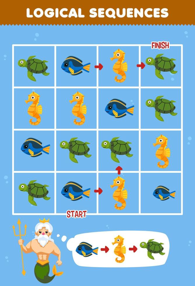 utbildning spel för barn logisk sekvens hjälp sjöjungfru sortera fisk sjöhäst och sköldpadda från Start till Avsluta tryckbar under vattnet kalkylblad vektor
