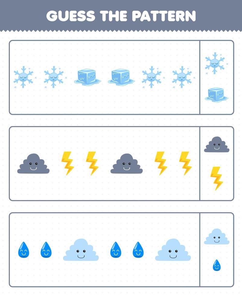 Lernspiel für Kinder Erraten Sie das Muster jeder Reihe aus dem Arbeitsblatt Natur der niedlichen Cartoon-Schneeflocke, Eiswolke, Donnerwasser, zum Ausdrucken vektor