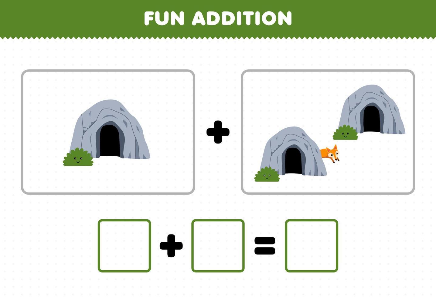 utbildning spel för barn roligt tillägg förbi räkning söt tecknad serie grotta bilder tryckbar natur kalkylblad vektor