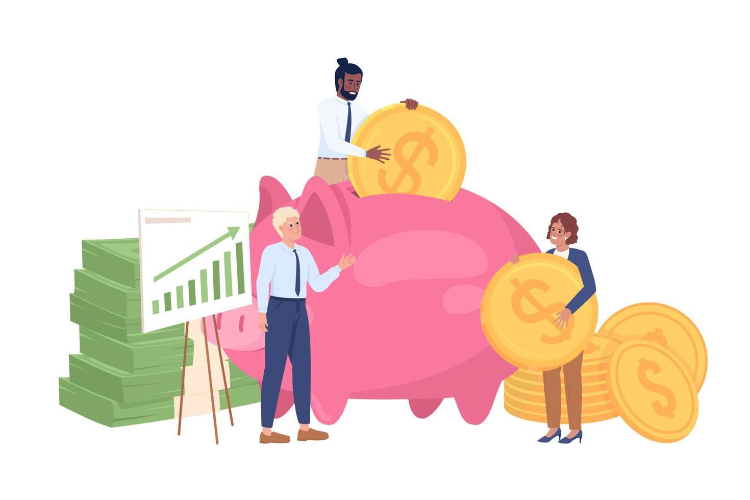 gutes investitionsergebnis halbflache farbvektorzeichen. editierbare Figuren. Ganzkörpermenschen auf Weiß. finanzteam einfache karikaturartillustration für webgrafikdesign und -animation vektor