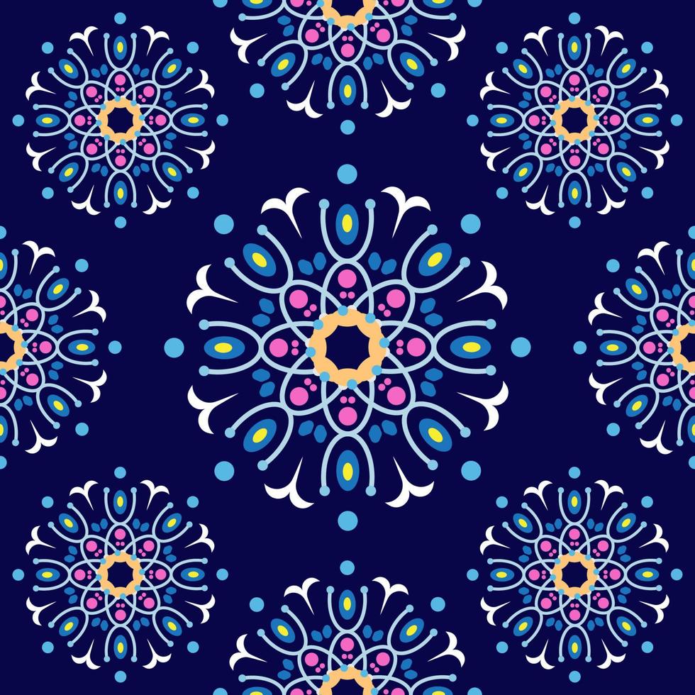 schönes nahtloses Mandala-Blumenmuster. stilvolle Blumenmustervorlage. kachelbares Retro-Ornament. bunt, marineblau, pink, beige, gelb vektor