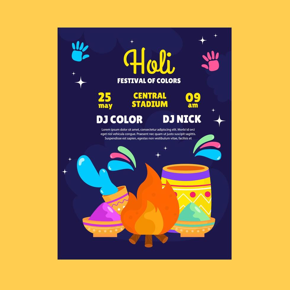 plakat, flyer holi festival mit farben, feuer. Vektor