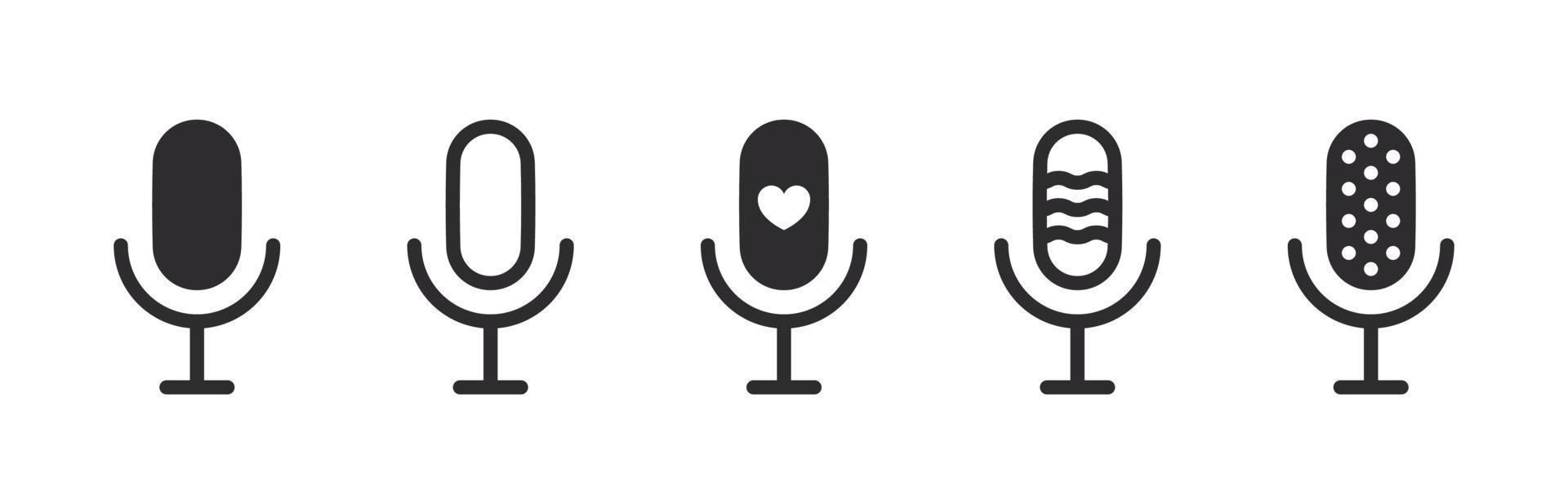 Mikrofonsymbole. Mikrofone mit verschiedenen Symbolen. Podcast-Mikrofonzeichen. Vektorsymbole vektor