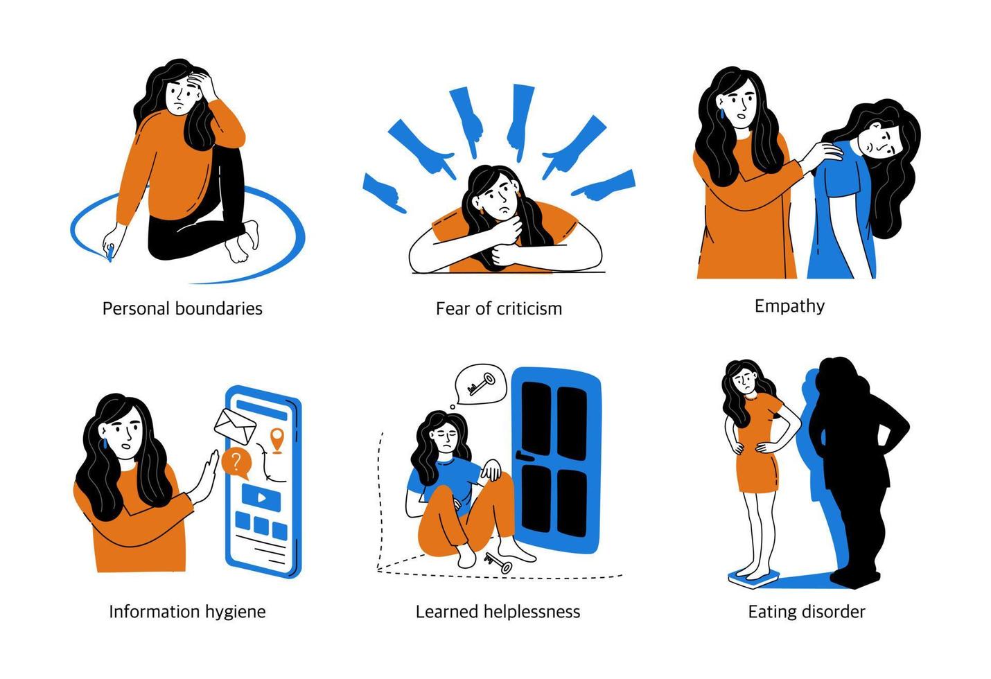 Reihe von Konzepten der psychischen Gesundheit und Psychologie. psychische Störungen, verschiedene positive, negative Zustände von Menschen. Vektor-Illustration isoliert auf weißem Hintergrund. vektor