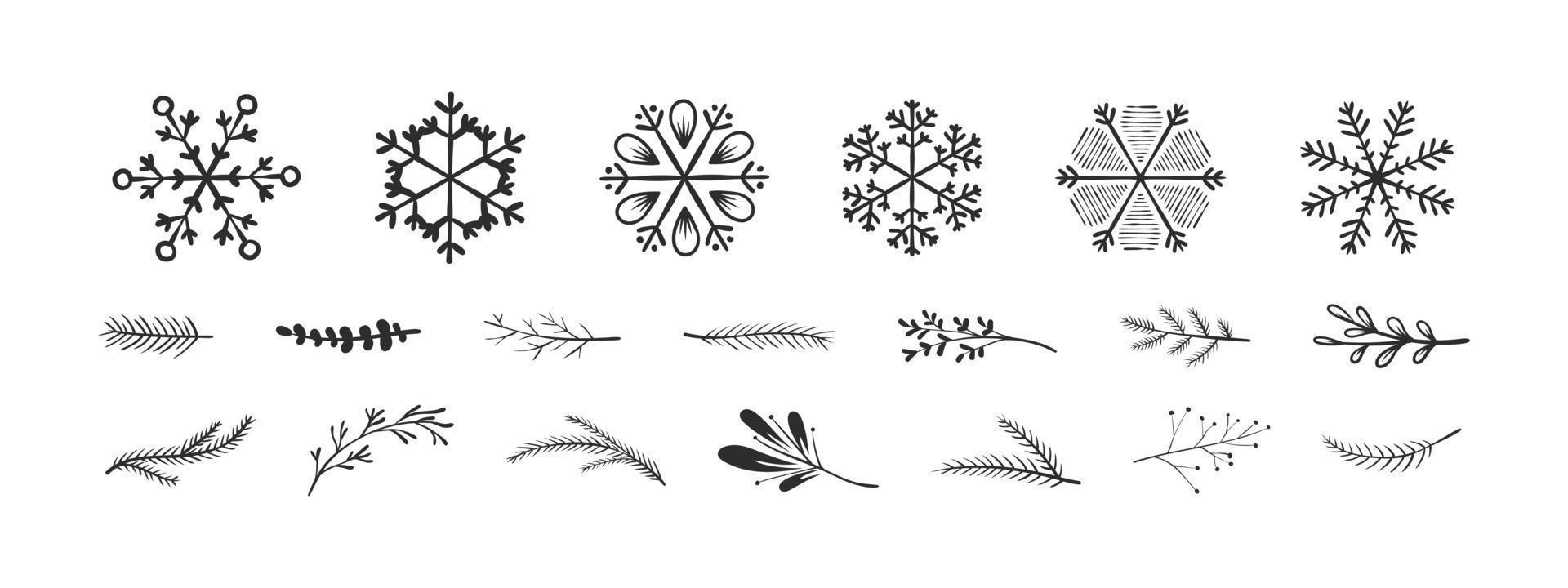 Satz Schneeflocken und Zweige. einfache Weihnachtssymbole. Weihnachtszeichen. Weihnachtsdekorationen. Vektorsymbole vektor