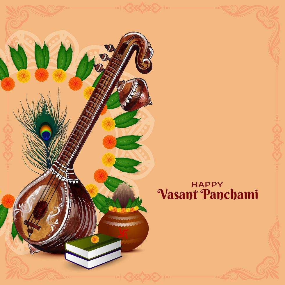 Happy Vasant Panchami Festival Elegante Karte mit Musikinstrument Veena vektor