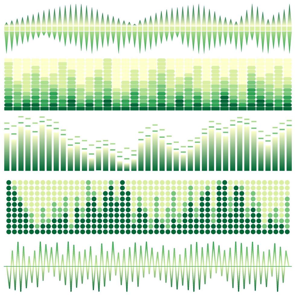 Vektorset aus grünen Schallwellen. Audio-Equalizer. Ton- und Audiowellen isoliert auf weißem Hintergrund. vektor