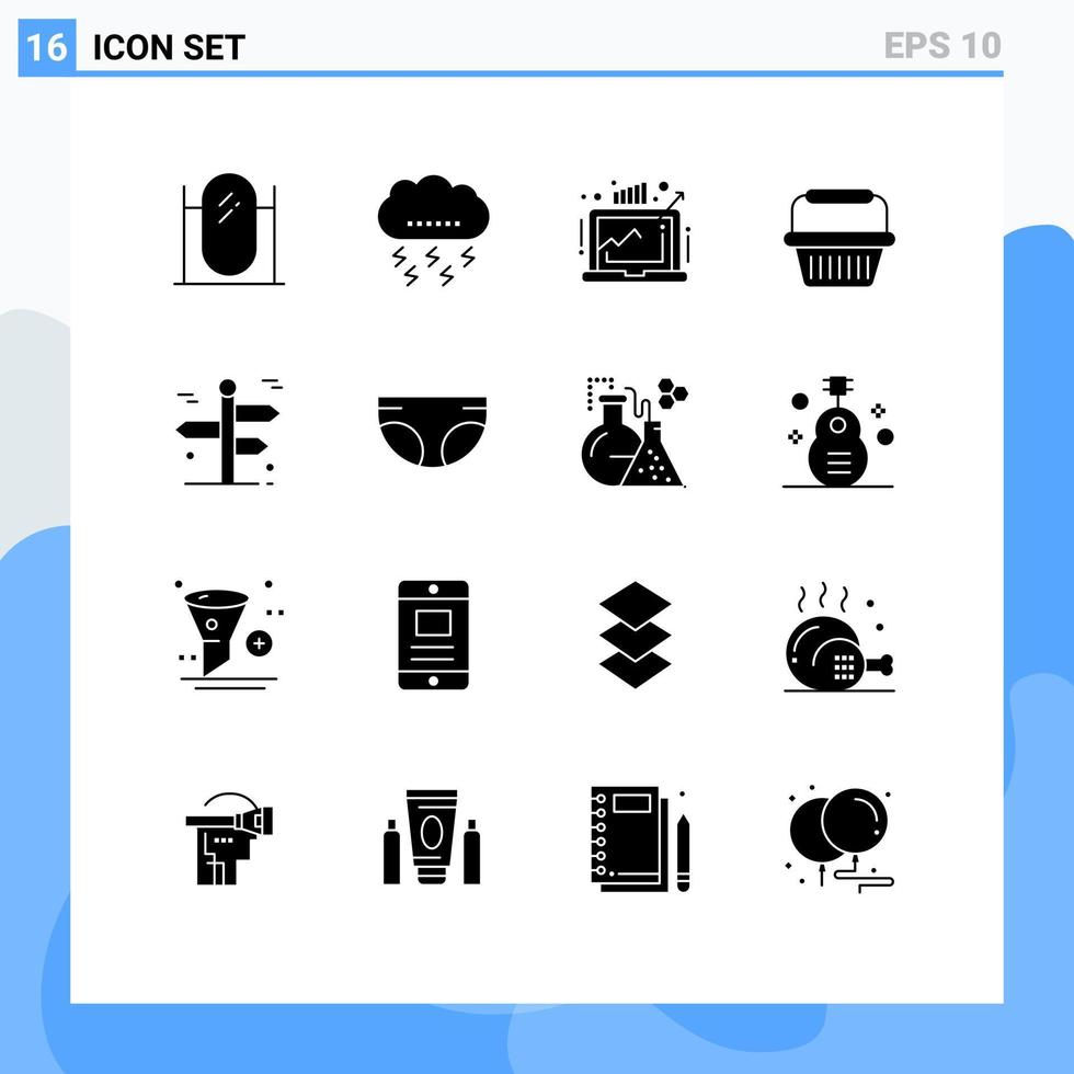 solides Glyphenpaket mit 16 universellen Symbolen für bearbeitbare Vektordesign-Elemente für den Trolley-Wagen-Donnerkorb-Markt vektor