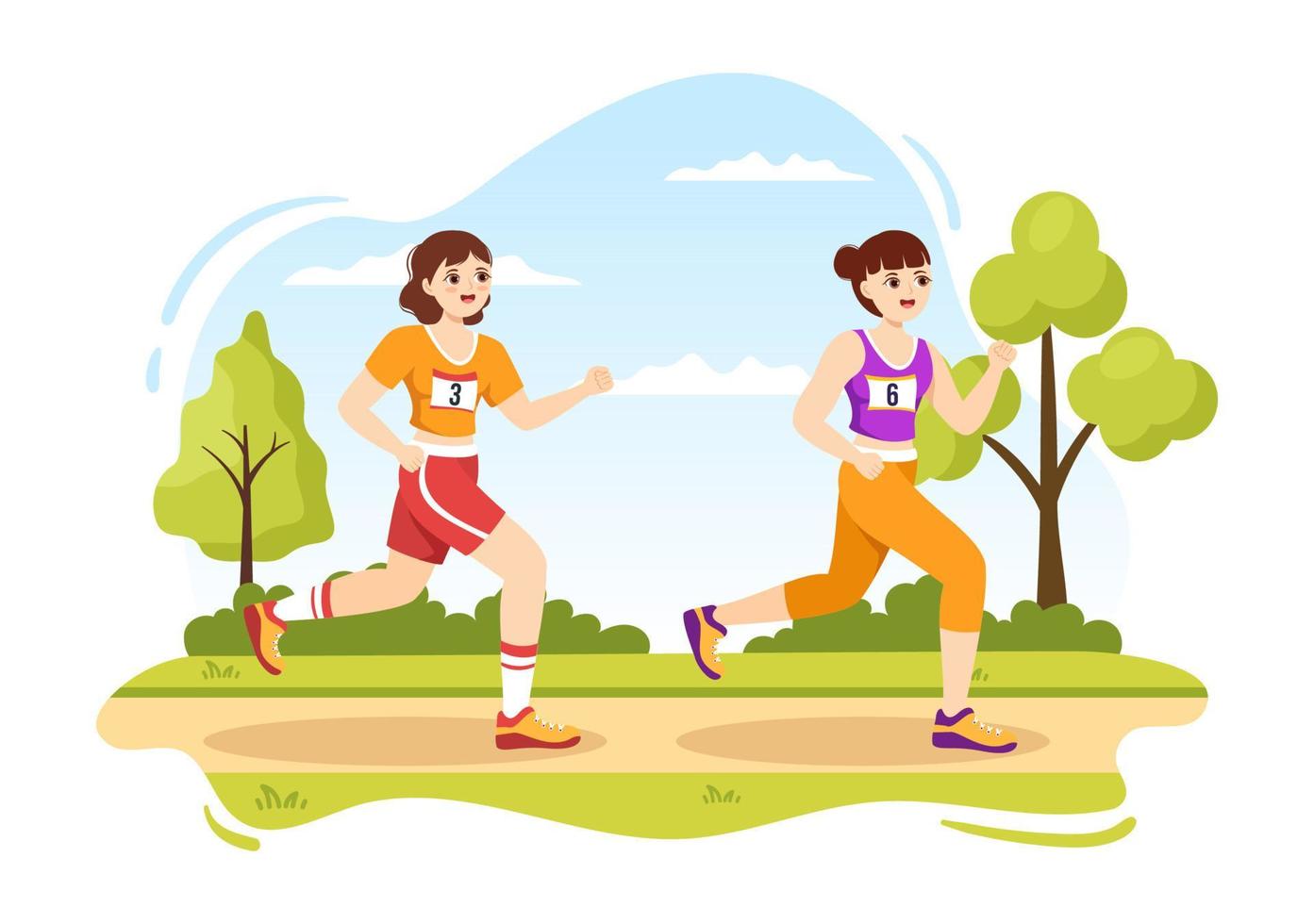 maraton lopp illustration med människor löpning, joggning sport turnering och springa till nå de Avsluta linje i platt tecknad serie hand dragen mall vektor
