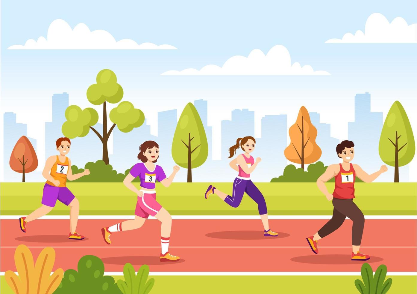 maraton lopp illustration med människor löpning, joggning sport turnering och springa till nå de Avsluta linje i platt tecknad serie hand dragen mall vektor
