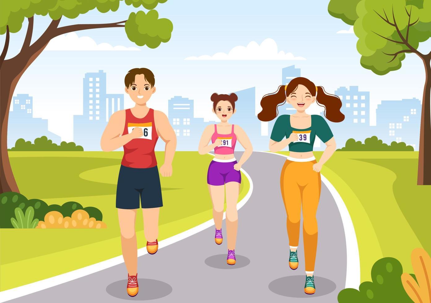 marathonlaufillustration mit leuten, die laufen, sportturnier joggen und laufen, um die ziellinie in einer flachen handgezeichneten karikaturvorlage zu erreichen vektor